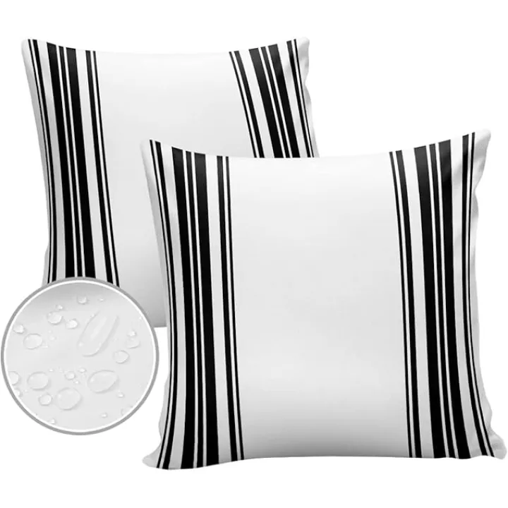 Pack of 2 Outdoor Pillow Covers, Farmhouse Black and White Stripe Waterproof Square Throw Pillowcase Decorative Cushion Pillow Covers for Couch Patio Tent, 16x16 in