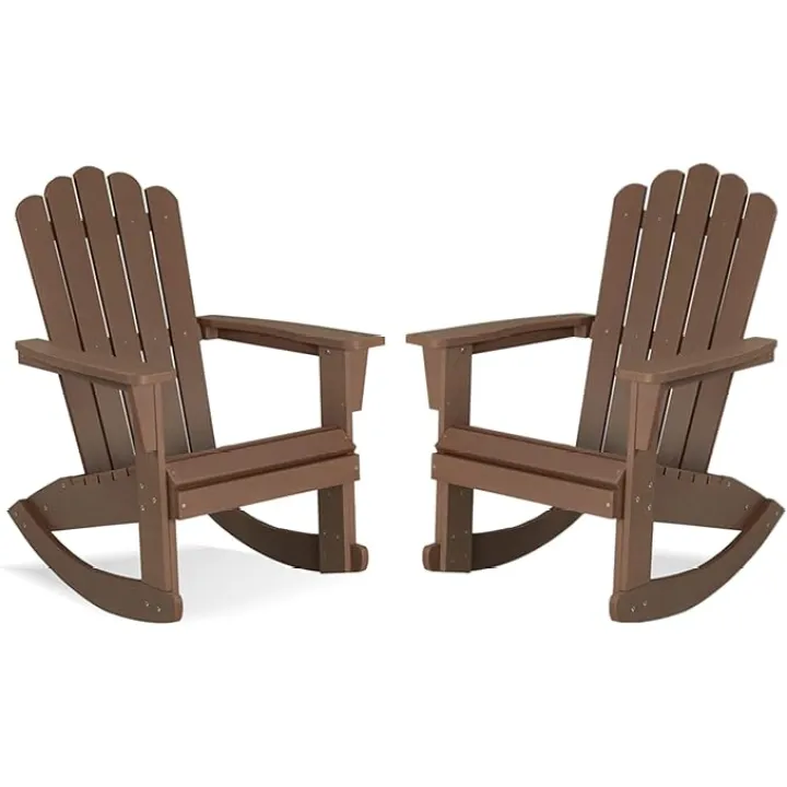 Psilvam Outdoor Adirondack Patio Rocking Chair, Poly Lumber Porch Rocker with High Back, Outdoor Rocking Chairs Set of 2 (Brown)