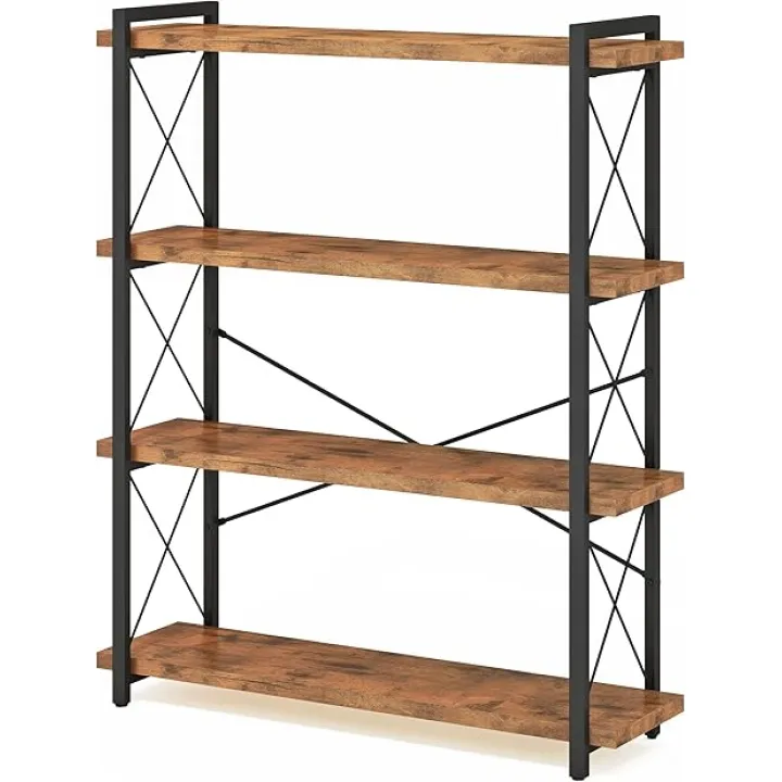 HCHQHS Bookshelf, 4-Tier Industrial Bookcase, Rustic Open Book Shelf, Freestanding Tall Bookshelves with Metal Frame
