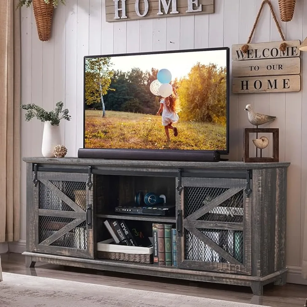OKD Farmhouse TV Stand for 75 Inch TV, Industrial & Farmhouse Media Entertainment Center w/Sliding Barn Door, Rustic TV Console Cabinet w/Adjustable Shelves for Living Room, Dark Rustic Oak