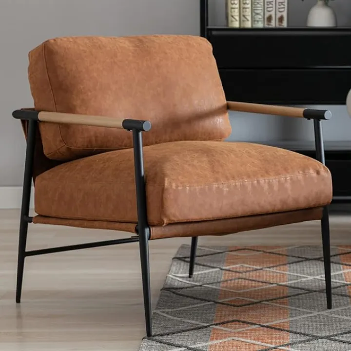 DUOMAY Mid-Century Modern Accent Chair Armchair, Soft PU Leather Sofa Lounge Chair Reading Chair with Metal Leg for Living Room Bedroom Office, Brown