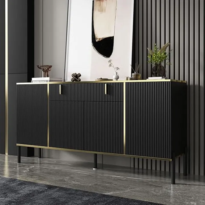 FAMAPY Modern Credenza Sideboard Buffet with Drawer & Pop-Up Doors, Buffet Sideboard Storage Cabinet with Black Metal Legs, for Living Room Hallway Black and Gold (63”W x 15.7”D x 31.5”H)