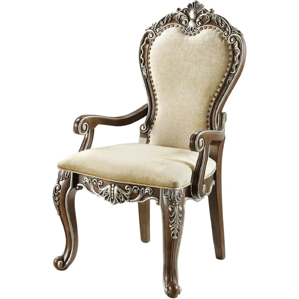 Benjara 24 Inch Classic Upholstered Armchair, Scrolled Details, Nailhead, Brown