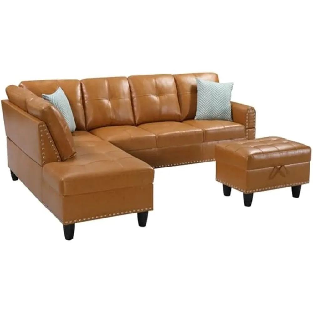 Devion Furniture Transitional PU Faux Leather Sectional Sofa with Lift-top Storage Ottoman, for Living Room in Brown Finish