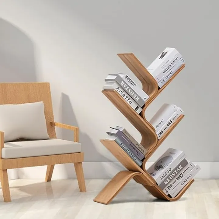 5-Tier Bamboo Tree Modern Bookshelf, Creative Curved Standing Bookcase Rack Book Storage Organizer Shelves, Display Floor Book Shelf Space Saver for Home Office Living Room Bedroom, Natural Color