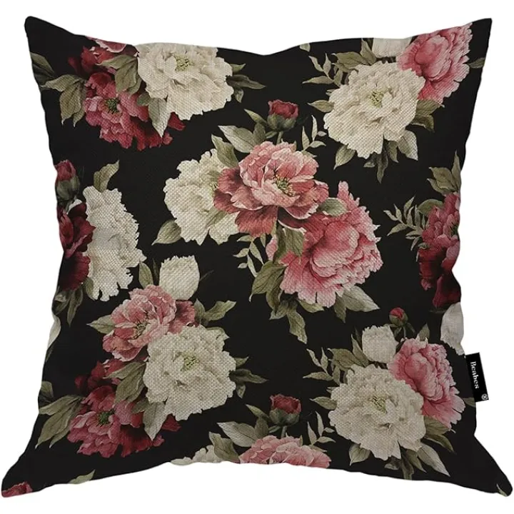 Peonies Decorative Throw Pillows Covers, Retro Blossom Flowers Rose Peony Garden Throw Cushion Cover Cotton Linen Pillowcases for Bedroom Sofa Living Room, 18x18 Inch, Pink White