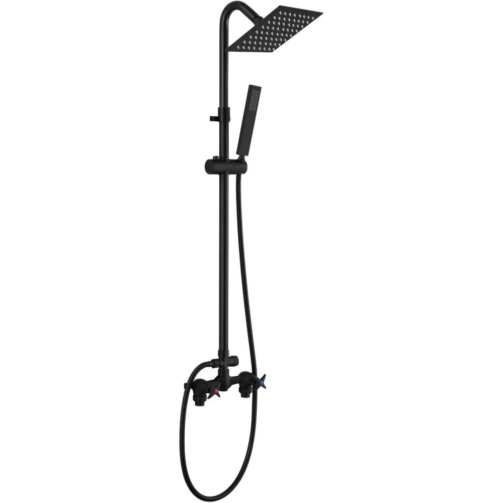 Wall Mounted Outdoor Shower System Matte Black 6" Square Rainfall Shower head with Hand Held Spray Double Cross Handles with Adjustable Slide Bar Two Function Exposed Shower Kit