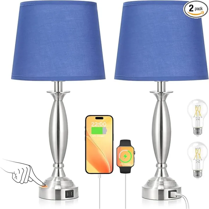 Blue Lamps for Bedrooms Set of 2 - Touch Control Bedside Lamp with USB C+A, 3 Way Dimmable Nightstand Lamps with USB Port, Table Lamp for Living Room(Blue Shade and Nickel Base)