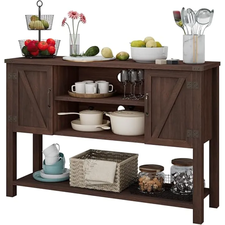 Giantex Buffet Sideboard, Farmhouse Wood Cupboard w/ 2 Storage Cabinets & 2-Tier Open Shelf, Spacious Countertop, Adjustable Shelves, Anti-Tipping, for Kitchen Living Room (Brown)