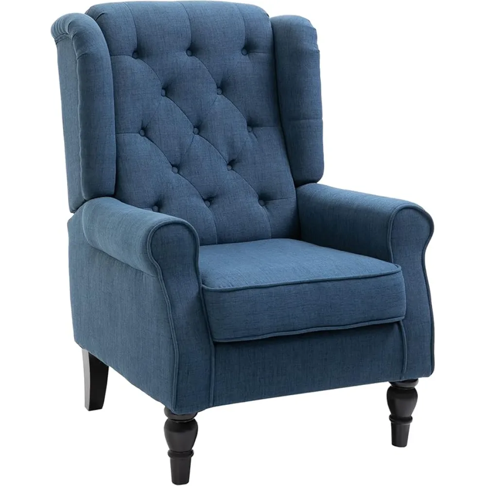 HOMCOM Fabric Accent Chair, Button Tufted Armchair, Modern Living Room Chair, Wingback Chair with Wood Legs, Rolled Arms, Thick Padding for Bedroom, Blue