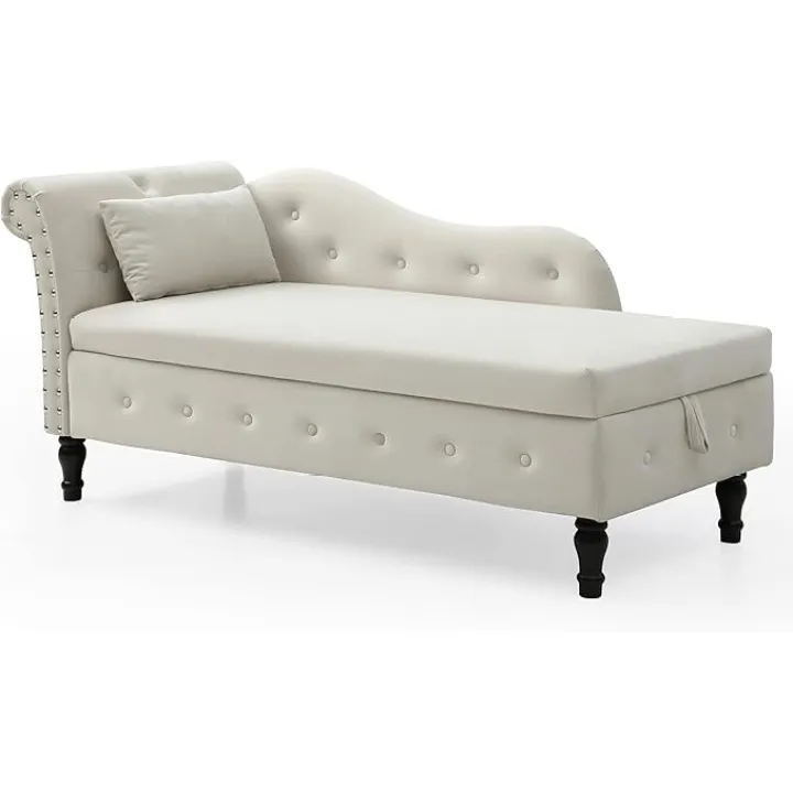 Homtique 60" Velvet Storage Chaise Lounge Indoor Button Tufted with Pillow, Nailhead Decorate Rolled Arm Chaise Lounge for Bedroom Living Room (Beige, with Storage)