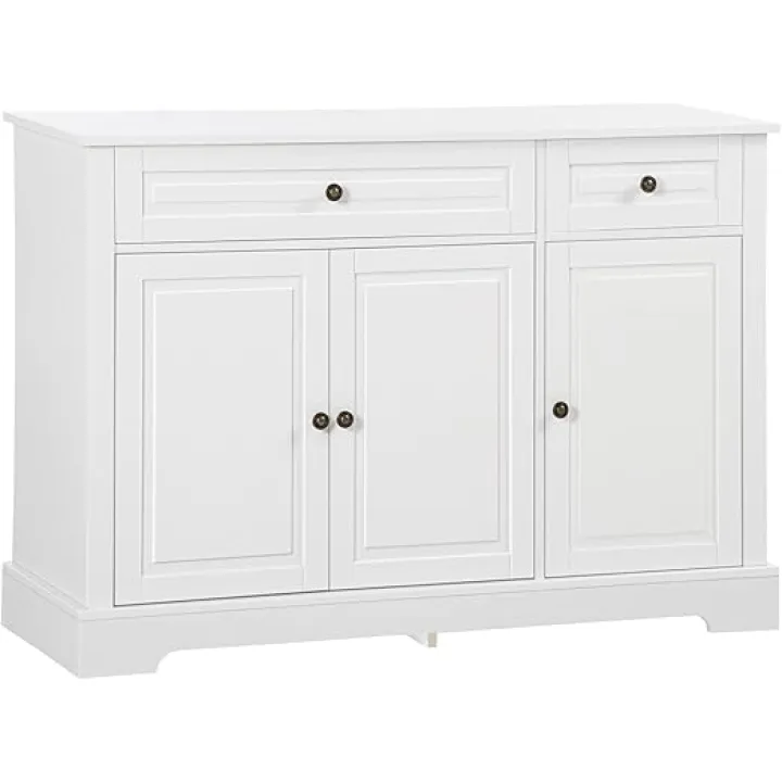 HOMCOM Sideboard Buffet Cabinet, Modern Kitchen Cabinet with 2 Drawers and Adjustable Shelves, Coffee Bar Cabinet, White