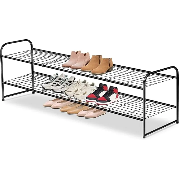 AOODA Long 2 Tier Shoe Rack for Closet Metal Wide Stackable Shoe Storage Organizer for Entryway, Bedroom, Floor, 18-Pairs Low Shoe Shelf, Black
