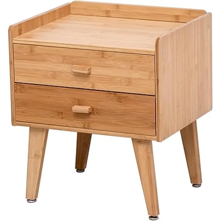 Bamboo Nightstand, End Table with Drawer, Natural Color, Bamboo End Tables, Mid Century Modern Bed Side Table with 2 Drawers for Bedroom, Living Room