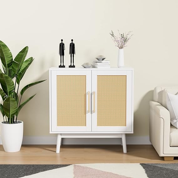 JOZZBY Sideboard Buffet Cabinet, Accent Boho With Adjustable Shelves, Rattan Storage for Kitchen Living Room Entryway, White