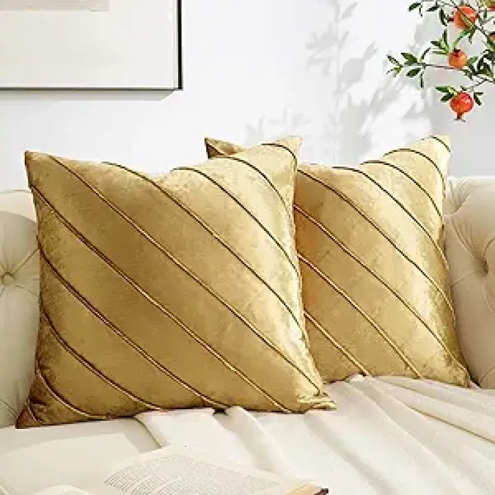 GIGIZAZA Decorative Velvet Pillow Covers 18x18, Set of 2 Gold Sofa Couch Throw Pillows Covers Cases, Living Room Square Cushion Accent Stripe Covers