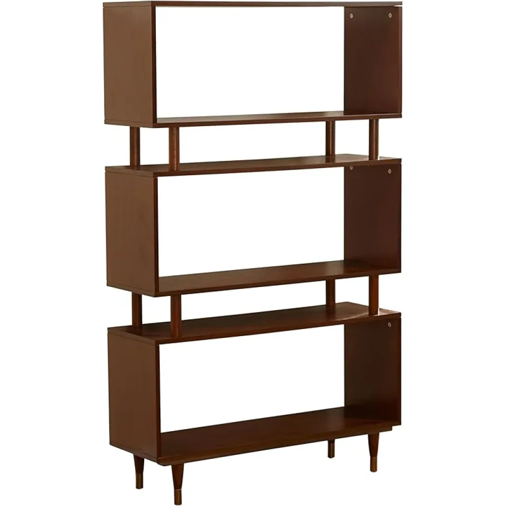 Margo 3 Tier Bookshelf, Mid Century Bookcase for Living Room, Bedroom Furniture & Home Office, Solid Wood Storage Shelves with Gold Legs, 59.5" Tall Modern Book Shelf, Walnut