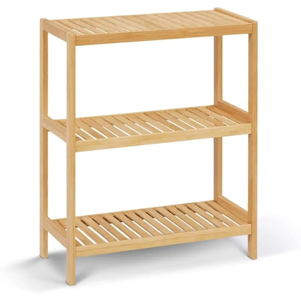 3-Tier Bamboo Freestanding Shelf Unit, Multifunctional Small Bookshelf Bookcase for Bathroom, Kitchen, Living Room, Office