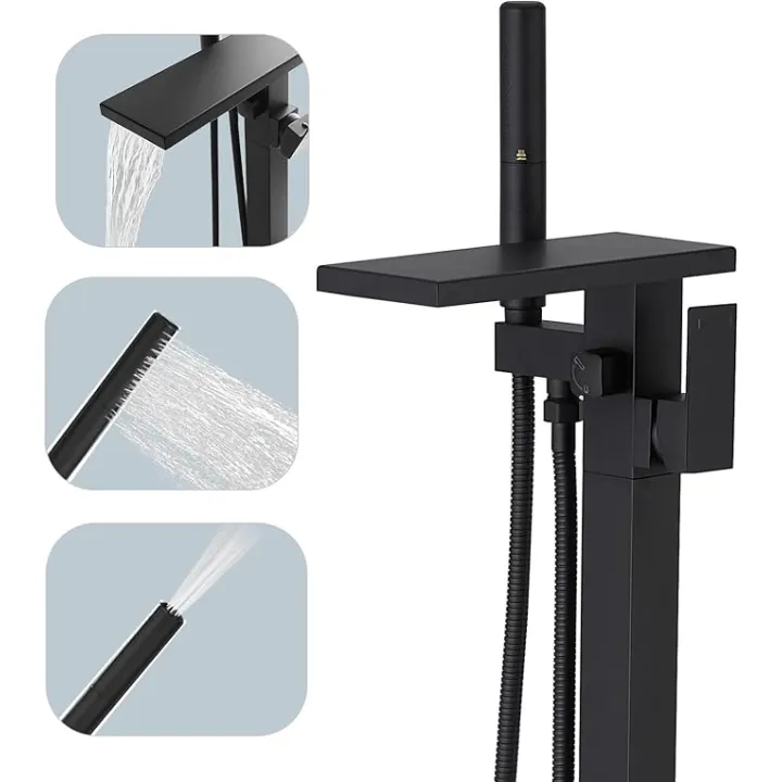 Hoimpro Tub Filler Freestanding Bathtub Faucet Matte Black Floor Mount Tub Faucet Waterfall Free Standing Bathtub Filler High Flow Brass Bath Shower Faucets with Handheld Sprayer