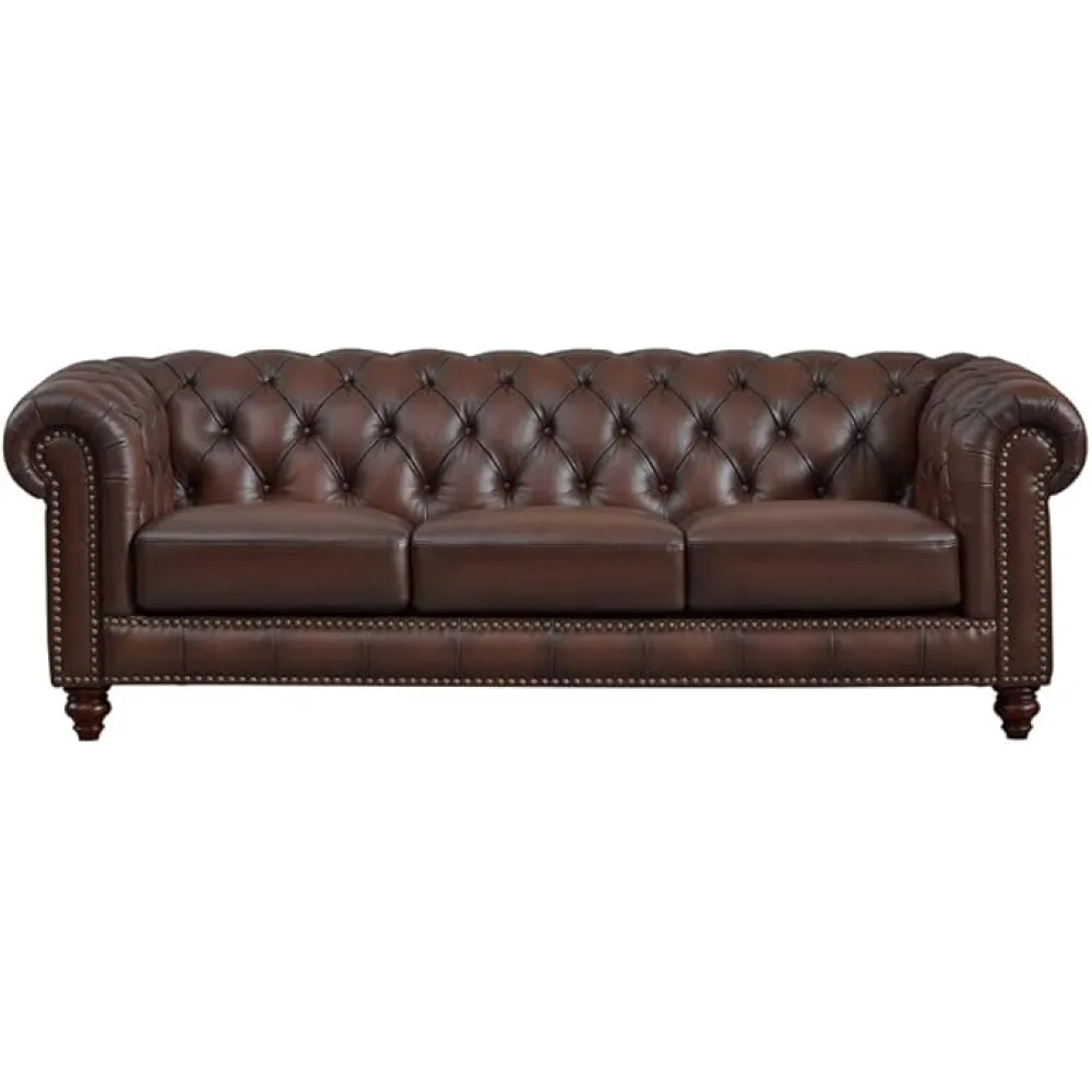 Hydeline Alton Bay Top Grain Leather Sofa Couch, 91'', Caramel Brown, Feather Down, Memory Foam and Springs Seating