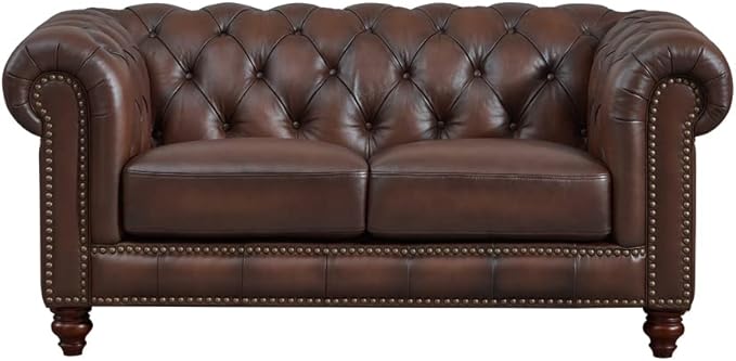 Hydeline Alton Bay Top Grain Leather Loveseat, Caramel Brown, Feather Down, Memory Foam and Springs Seating