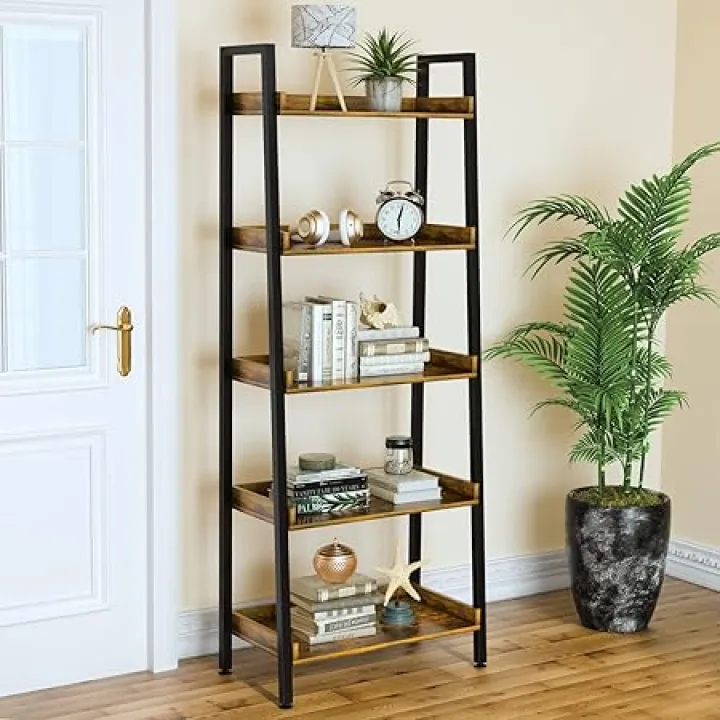 ASTARTH Ladder Shelf-5 Tier Bookshelves w/Open Shelf for Storage, Industrial Bookshelf & Tall Ladder Shelf-Metal Frame for Bedroom, Living Room, Kitchen-67.3'' H, Easy Assembly, Rustic Brown (HD021)