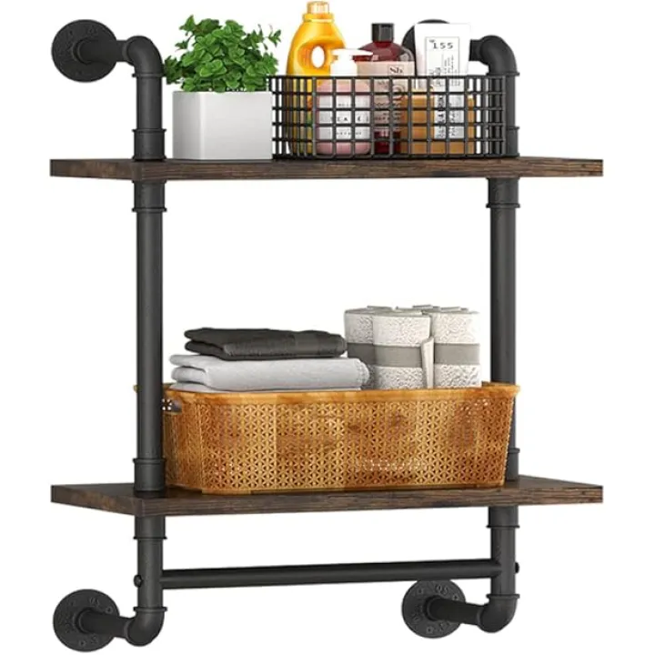Helsin Industrial Pipe Floating Bathroom Shelves Wall Mounted with Towel bar, 2 Tier Rustic Wood Wall Shelf, 16inch Metal Towel Rack Storage Bookshelf for Bathroom, Kitchen, Farmhouse, Living Room