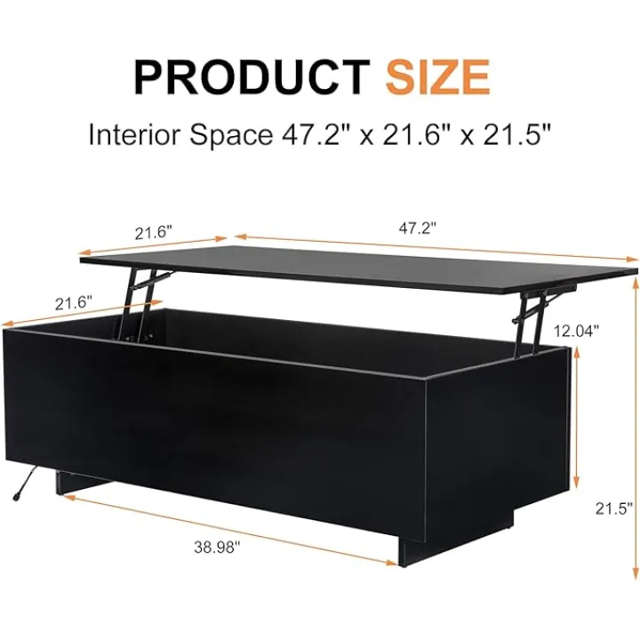 High Gloss Lift Top Table with Led Lights, Led Coffee Table with Storage Shelf and Hidden Compartment for Home Living Room Reception Room Office, Black