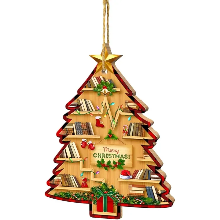 Books Ornaments Christmas Tree, Bookshelf Xmas Tree Wood Ornament, Ornament Gift for Librarian, Bookworm, Reading Lover, Teacher, Decoration Hanging Ornament Gifts for Book Lovers