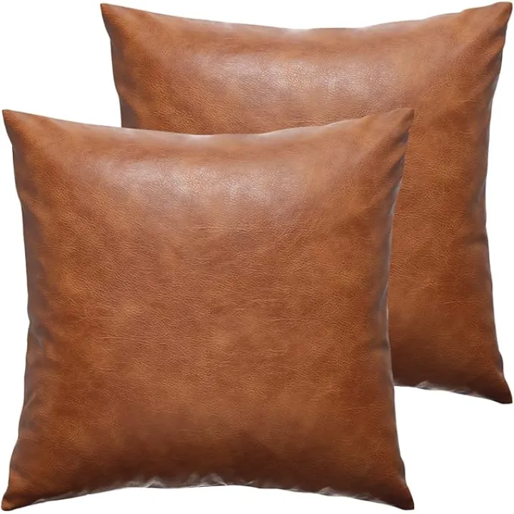 Faux Leather Throw Pillow Covers, 20x20 Inch Set of 2 Brown Lumbar Boho Modern Square Home Decorative Pillow Cases for Outdoor Living Room Couch Bed Sofa Bedroom Cushion Covers