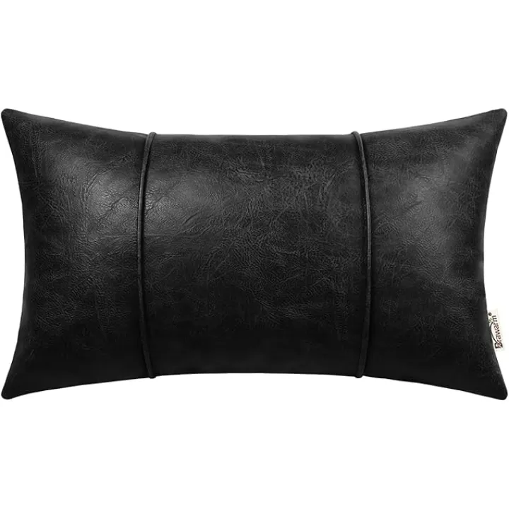 BRAWARM Black Leather Throw Pillow Covers 18 X 18 Inches - Faux Leather Pillow Cover with Piping, Hand Stitched Faux Leather Throw Pillow for Couch Sofa Bed Living Room Home Decorative
