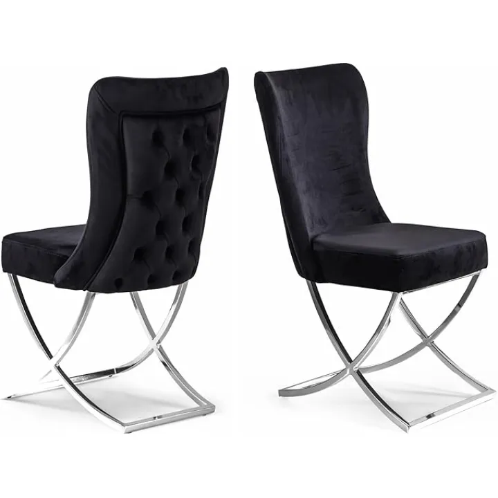 Ottomanson Royal Dining Chairs Set of 4 – Upholstered Tufted Microfiber, Assembled, Silver Metal Legs, Beech Wood Frame, 350 lb Capacity, Black