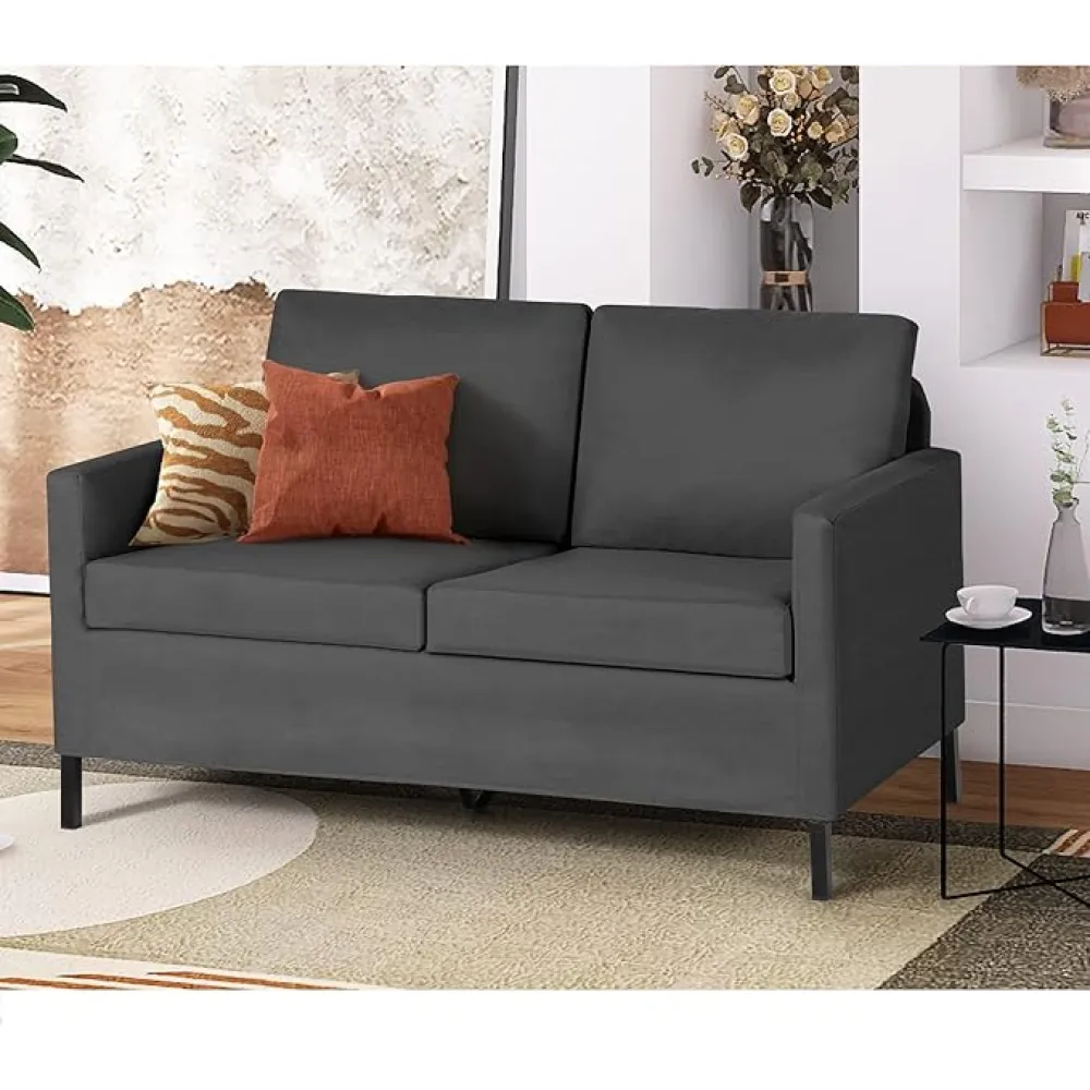 TYBOATLE Linen Fabric Modern Small Loveseat Sofa Couch for Living Room, 51" W Little Upholstered 2-Seater Mini Love Seats w/Iron Legs for Small Space, Apartment, Bedroom, Dorm, Office (Dark Grey)