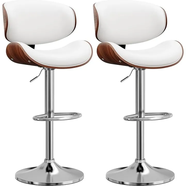 Bar Stools Set of 2, Bentwood Adjustable Height Swivel Bar Stools, PU Leather Upholstered Bar Chair with Back and Footrest for Bar, Kitchen, Dining Room, White