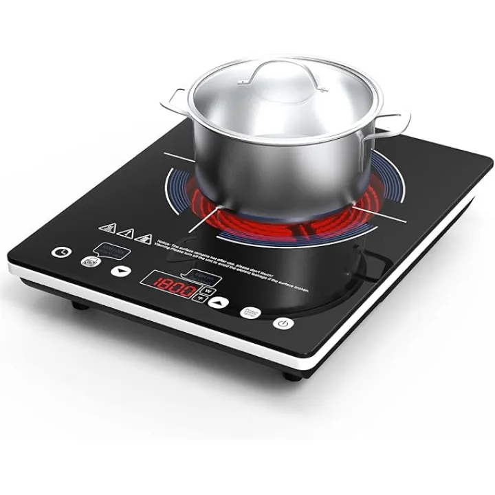 Electric Cooktop 110v,Single Burner Electric Stove Infrared Cooktop Hot Plate 1800W,4-Hour Setting,Black Crystal Glass Surface Compatible for All Cookware