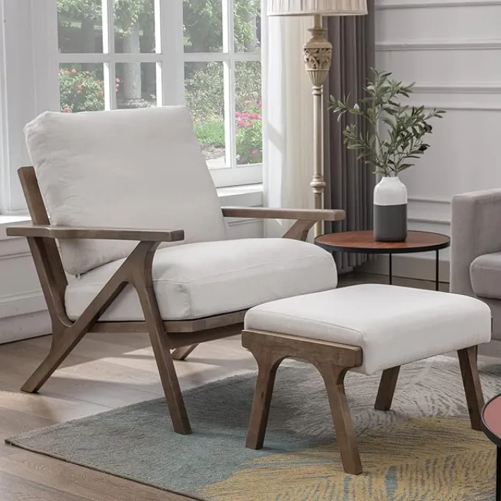 ZHENGHAO Accent Chair with Ottoman, Mid Century Modern Lounge Chair with footrest, Comfy Fabric Armchair Upholstered Living Room Chair for Reading/Bedroom/Small Space, White