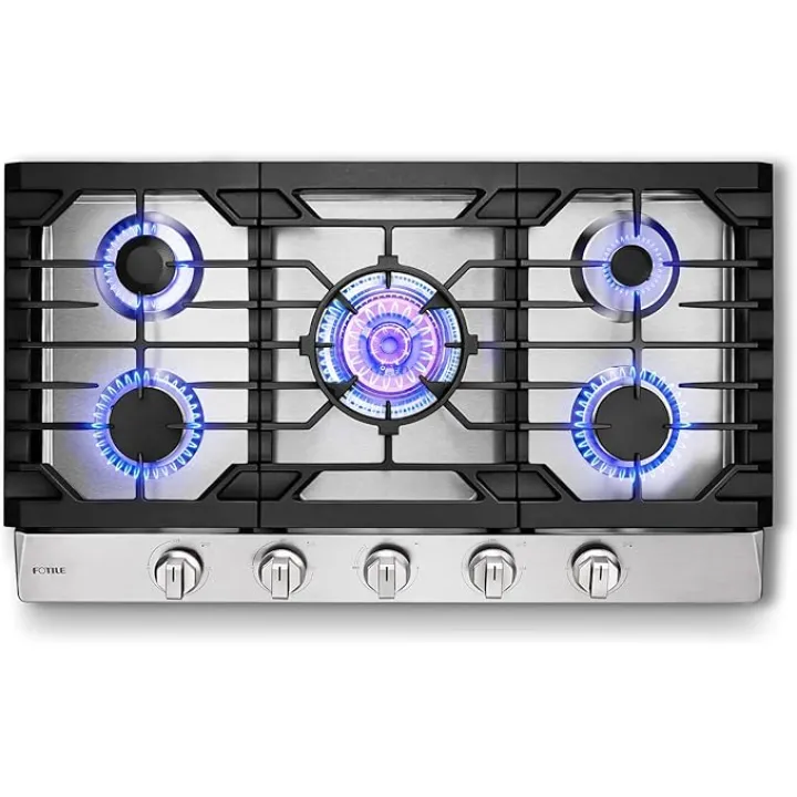 FOTILE GLS36502 36” Stainless Steel 5-Burner Gas Cooktop, Tri-Ring 22,000 BTUs Center Burner with Flame Failure Protection Removable Grates and Installation/LP Kit