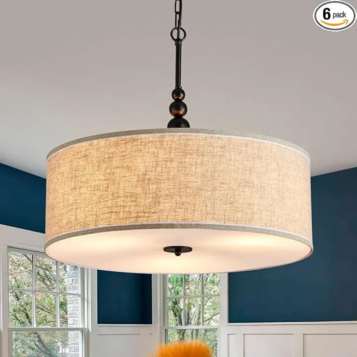 Shrine Lighting Drum Chandeliers, Farmhouse Style, Perfect Drum Pendant Light for Dining Room, D21'' x H8'', Adjustable Chains 59'', E26*3 Sockets, Beige Linen Fabric Lampshade & Black Rod