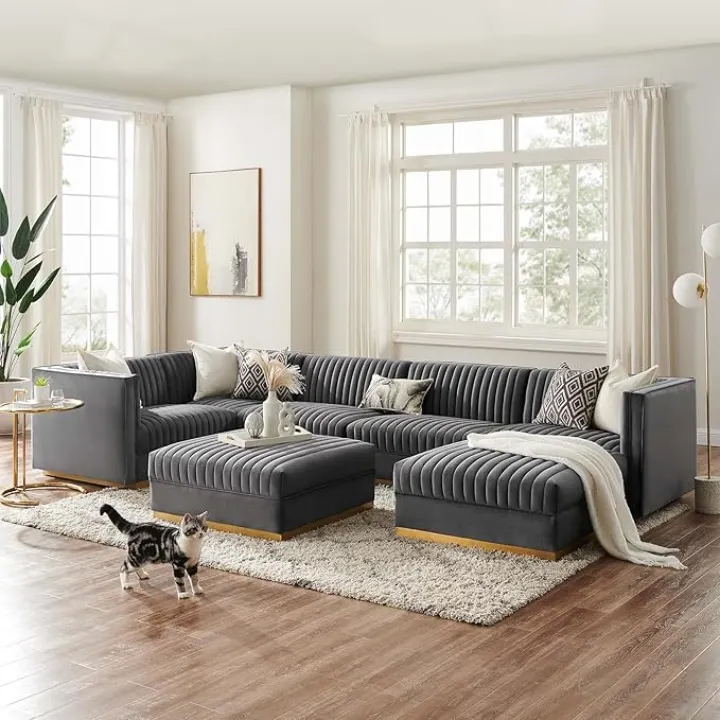 Modway Sanguine Channel Tufted Performance Velvet Modular Sectional, 7-Piece Left-Facing Sofa, Grey