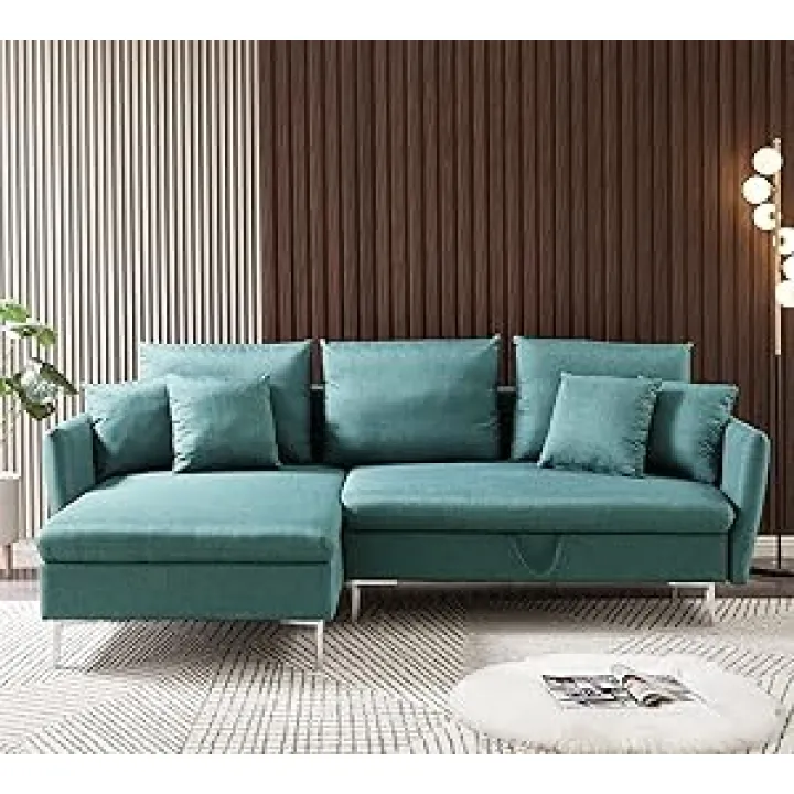 Reversible Sectional Sofa with Pull Out Bed, L-Shape 3 Seat Sectional Couch with Chaise Lounge, Fabric Sectional Sofa Sleeper Couch for Living Room Small Space Apartment