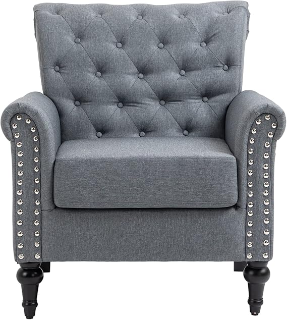 Modern Linen Accent Chair, Single Sofa Chair Barrel Chair with Nailhead Trim and Button Tufted Back, Upholstered Leisure Chairs for Living Room, Office, Bedroom Sitting Room (Grey)