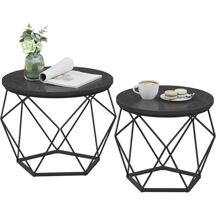 VASAGLE Small Coffee Table, Round Coffee Table with Steel Frame, Side End Table for Living Room, Bedroom, Office, Charcoal Gray and Ink Black (Set of 2)