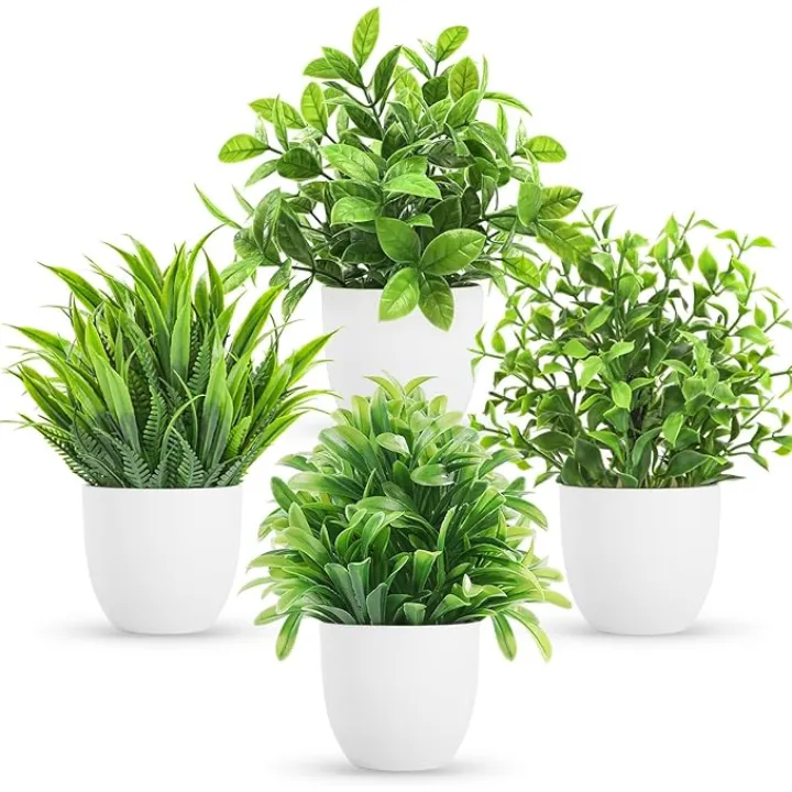 Miracliy 4 Pack Mini Fake Plants Artificial Eucalyptus Faux Plants for Home Office Farmhouse Bathroom Shelf Decor Indoor