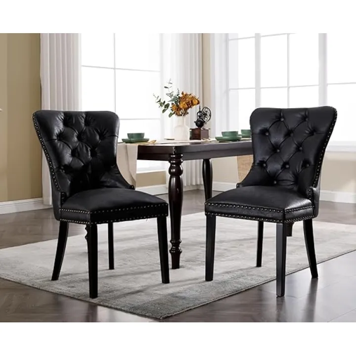 PU Leather Dining Chairs Set of 2 Mid Century Modern Tufted Chairs Armless Rubber Wood Vintage Chairs Upholstered Nailhead Side Chair for Kitchen/Cafe Decor Furniture, Black with Pull Ring