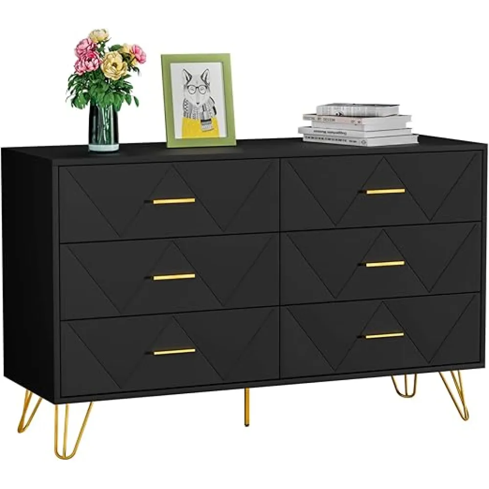 CARPETNAL Black Dresser for Bedroom, Modern Dresser for Bedroom, 6 Drawer Double Dresser with Wide Drawers and Metal Handles, Wood Dressers & Chest of Drawers for Hallway, Entryway.