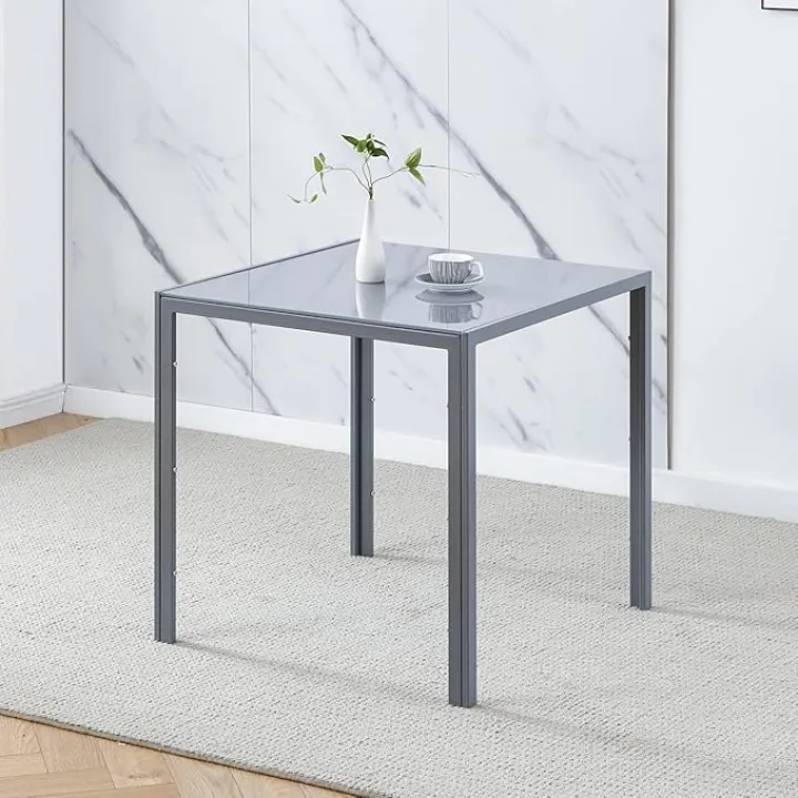 nozama Square Dining Table Space Saving Dining Room Home Furniture Gray Glass Metal Legs for 2-4 People