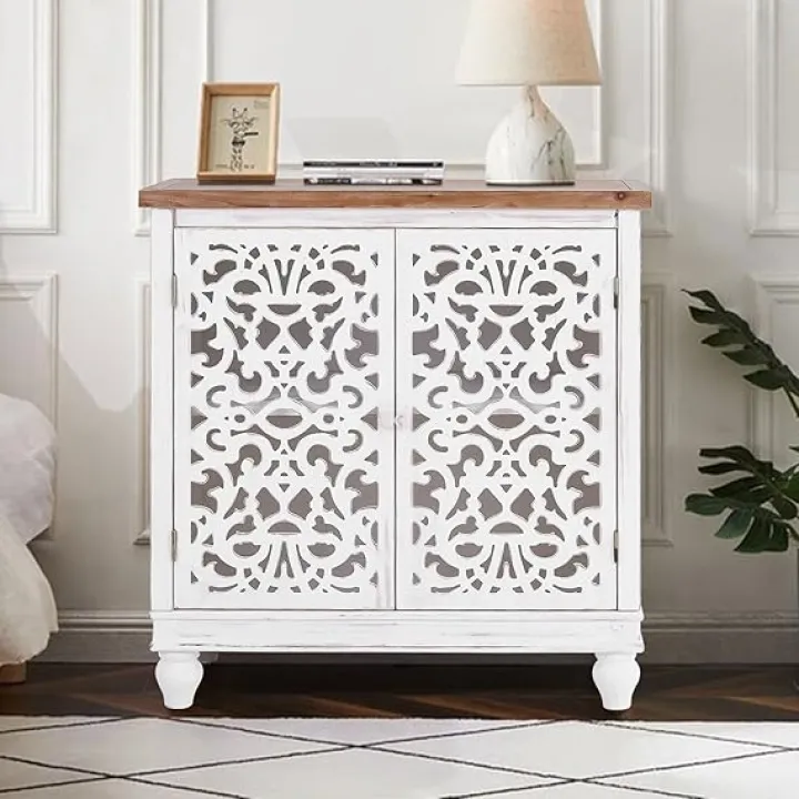 PHI VILLA White Accent Cabinet with Doors, Farmhouse Buffet Sideboard Hollow Carved Small Cabinets