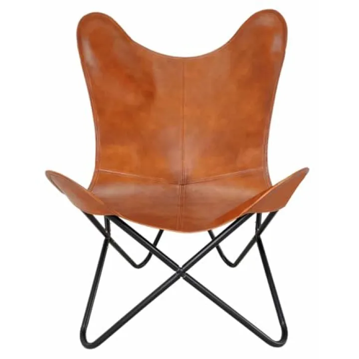 The Charmika Classic Leather Living Room Chairs-Tan Brown Leather Butterfly Chair-Hand Crafted with Black Powder Coated Iron Stand