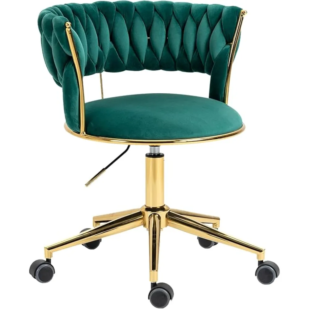 NIOIIKIT Velvet Office Desk Chair with Hand Woven Backrest, 360° Swivel & Height Adjustable Task Chairs, Makeup Chair, Living Room Chairs with Stainless Base and 5 Wheels (Emerald)