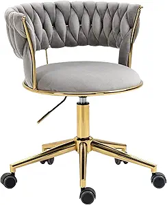 NIOIIKIT Velvet Office Desk Chair with Hand Woven Backrest, 360° Swivel & Height Adjustable Task Chairs, Makeup Chair, Living Room Chairs with Stainless Base and 5 Wheels (Grey)